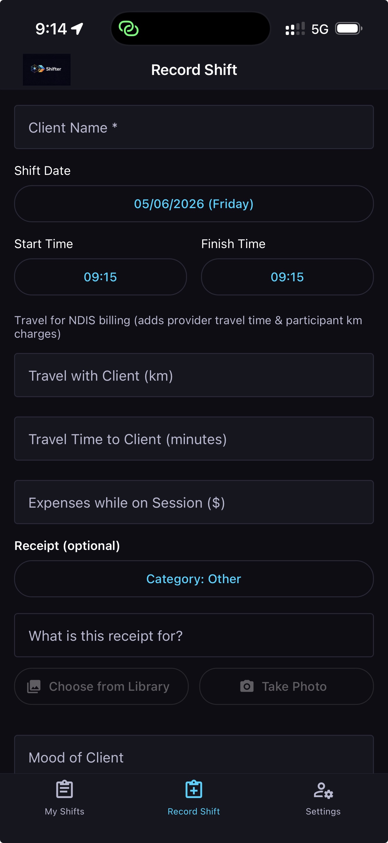Record shift with NDIS travel billing, expenses, and receipts